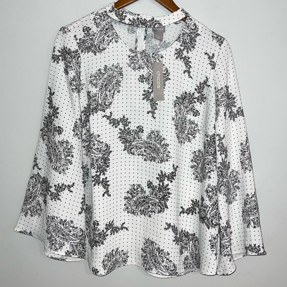 Chico’s NEW Floral Paisley Dot Print Neck Cutout Flowy Top Blouse Sz M